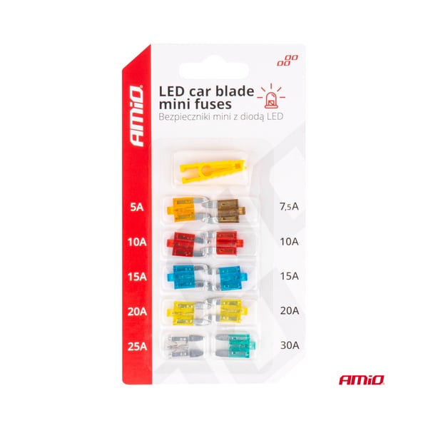 Mini kaitsmete komplekt, 10 osa, led märgutuli, näpitsad